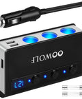 Heavy Duty 7 In 1 Cigarette Lighter Splitter Car Charger Adapter With Quick Charge 3.0, black with blue lights, 4 ports, dashboard ready.