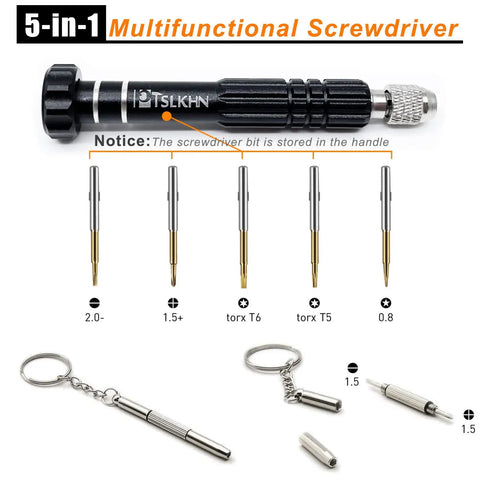 5 In 1 Eyeglass Repair Kit Screwdriver Set With S2 Steel Bits, compact black handle, keychain drivers included