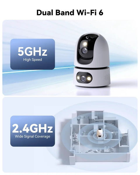 Dual band Wi-Fi 6 feature of 2K WiFi Indoor Security Camera For Pets And Baby With AI Motion And Sound Detection, 360 Degree Pan