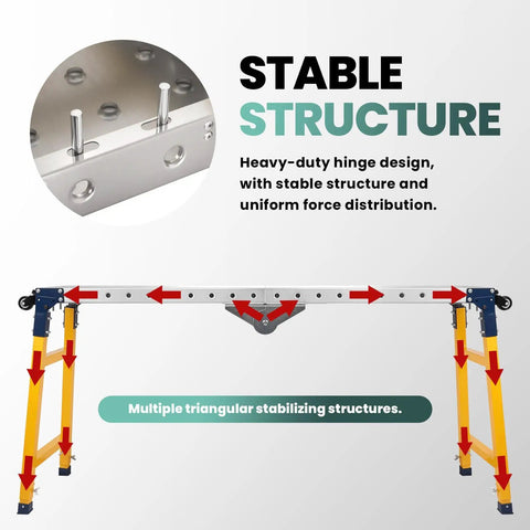 Heavy Duty Carbon Steel Folding Welding Table Offers 2200 Lbs Capacity And Adjustable Height With Swivel Casters For Serious Shop Wrenching And Build Work showing a stable hinge design with triangular stabilizing structures.