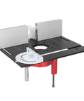 Hardcore Aluminum Router Lift Rig With Stainless Steel Plate For Pro Woodworking Bench Mounts featuring smooth lift knobs and crisp scale markings.