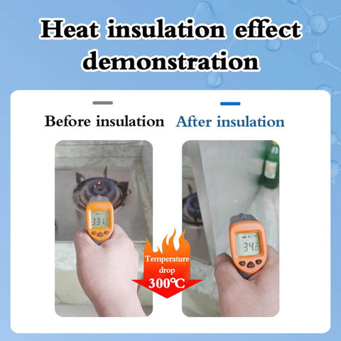 Heat Insulation Board For Kitchen Safety With Flame Resistant Shield demonstration with temperature drop before and after