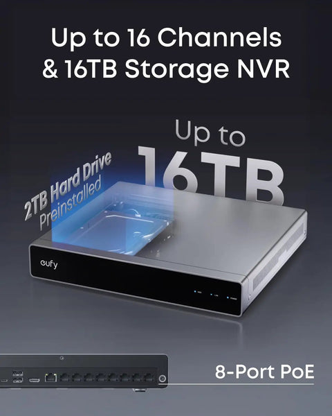 Powerful PoE NVR Security System With 4K Turret Cameras, 16 Channel Expansion, 2TB HDD displayed with 8-Port PoE setup