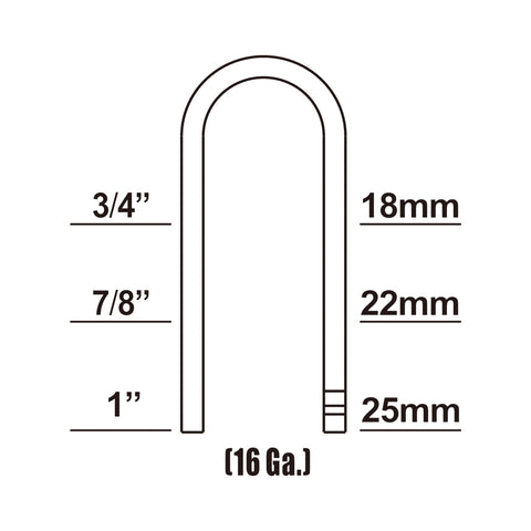 16 Ga staples diagram with sizes in inches and mm for Pneumatic 16 Gauge Fencing Stapler With Tool Free Heavy Duty Depth Adjust Jam Release And Wire Alignment For Trellising Snow Control And Pet Fencing Includes Adjustable Belt Hook And Glue Coated Staples From Three Quarter To One Inch
