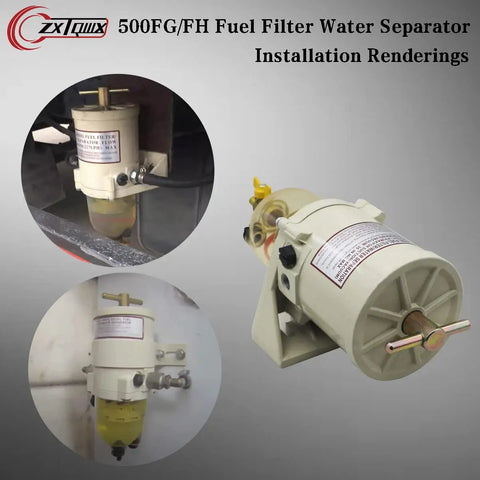 Diesel Fuel Filter Water Separator for Boats and Trucks, Copper Manual Drain Valve Upgrade, mounted and standalone views