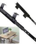 Under Desk Keyboard Tray With Full Extension Slides 3 Section Telescopic Rails Ball Bearing Action, black metal rails and desk view.