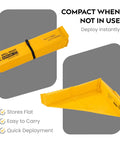 Foam Wall Spill Containment Berm, 4x6 Ft, 26 Oz PVC-Coated Fabric, Yellow, 0.75 Inch Drain shown folded and partially unfolded