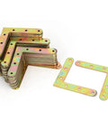 Solid As A Nail L Shape Corner Brace Angle Bracket Steel Repair Plates 99 By 99 Mm With Six Pre Drilled Holes Bronze Tone 100 Pack Bulk Kit stacked and single piece.