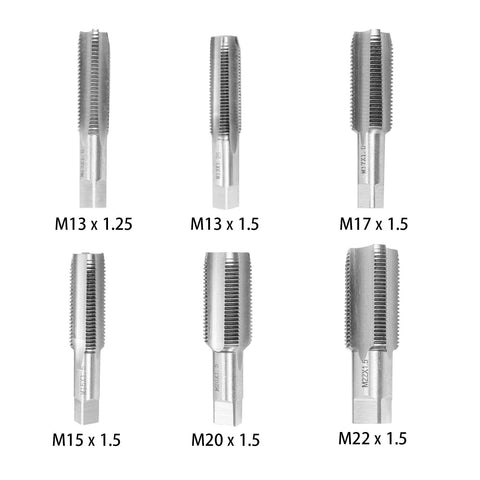 Six thread repair taps for oil pan drain plugs; sizes M13x1.25, M13x1.5, M15x1.5, M17x1.5, M20x1.5, M22x1.5
