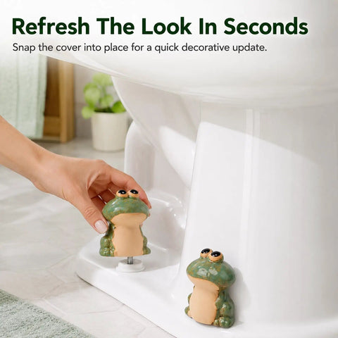 Slick Ceramic Frog Toilet Bolt Covers 2 Pack With Universal Screw Caps installed on toilet for quick bathroom update.