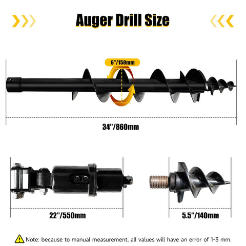 6 Inch Auger Drill For Mini Excavator With 2 Hydraulic Hoses, Heavy Duty Auger Bit, 40 Inch Drilling Depth, Detachable Drill Rod