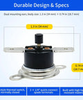 Resettable KSD301 290F Water Heater Thermal Switch with dual mounting ears, 34mm wide, spade terminals, shown on white background.