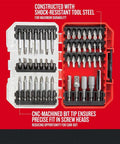47 Piece Screwdriver Bit Set With Bit Tips And Power Bits in red and black case, highlighting shock-resistant tool steel and CNC-machined tips.