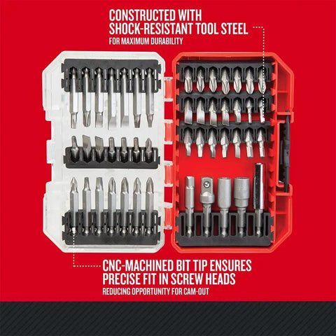 47 Piece Screwdriver Bit Set With Bit Tips And Power Bits in red and black case, highlighting shock-resistant tool steel and CNC-machined tips.