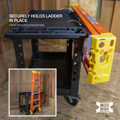 MODBox Utility Cart Ladder Holder and Storage Hooks for Secure Vertical or Horizontal Ladder Mounting on MODBox Carts Heavy Duty Easy Access Keeps Ladders Ready to Roll on black utility cart with ladder mounted