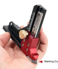 Pro Grade Woodworking Height Gauge With CNC Machined Aluminum Dual Scale in hand, showing detailed view of dial and scales.