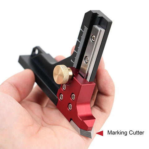 Pro Grade Woodworking Height Gauge With CNC Machined Aluminum Dual Scale in hand, showing detailed view of dial and scales.