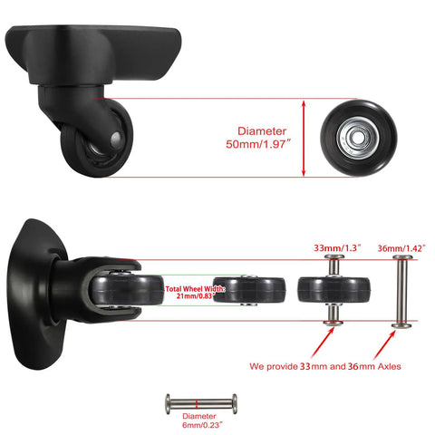 Heavy Duty 50Mm Luggage Replacement Wheels Featuring 18Mm Wide Rim Rock Solid Ball Bearings And Hassle Free Mounting Kit For Smooth Suitcase Travel Repair close-up view with measurements.