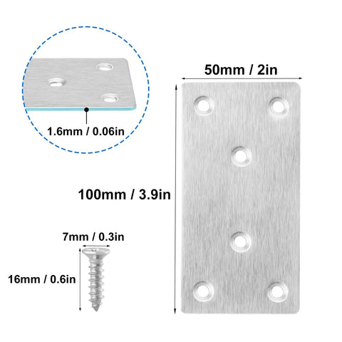 40 Pack 4X2 Inch Heavy Duty Stainless Steel Flat Brackets And Mending Plates With Screws For Tough As Nails Cabinet Repairs And No Sweat Wood Reinforcement For Your Next Project, showing dimensions and details.