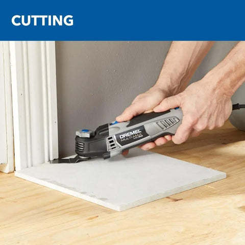 Top Notch 5 Amp Corded Oscillating Multi Tool Featuring Variable Speed And Low Vibration, cutting laminate flooring in a home.