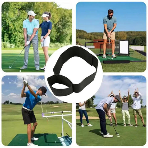 Golfers using Real Time Golf Swing Trainer Arm Band For Connection And Stability Adjustable Swing Corrector with elastic band visual.