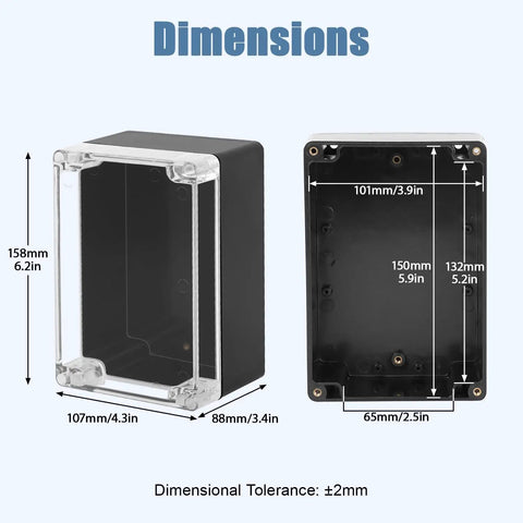 Weatherproof Electrical Junction Box With Clear Cover IP65 Waterproof ABS Plastic Case With Dimensions Highlighted