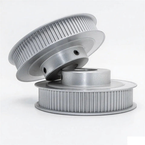 Solid 100 Tooth HTD 3M Timing Belt Pulley Set Made From Heavy Duty Aluminum Alloy 10 Piece Kit showcasing two pulleys stacked together.