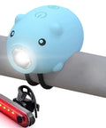 2 In 1 Kids Bike Lights And Horn Set For Night Rides, Rechargeable Headlight and Tail Light in playful piggy design on handlebars.