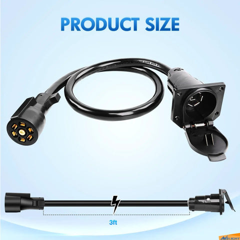 Top Shelf 3 Foot 7 Way Trailer Plug Socket Extension Cable With Heavy Duty Double Prong Copper Terminals Crafted For RV And Fifth Wheel Towing showing a 3ft cable with connectors.