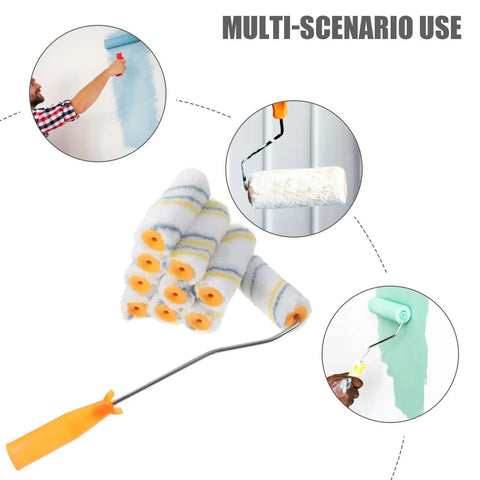 Ready To Roll Mini Paint Roller Brush Kit With Quick Swap Covers For Doors Baseboards And Window Trim Professional Wall Painting Tool That Makes Painting A Breeze, featuring multiple roller sizes and a sturdy handle.