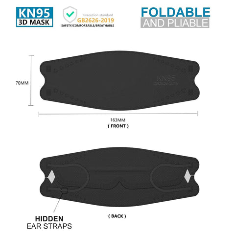 50 Pack KN95 Face Masks Breathable And Comfy Disposable Black Respirators With Over 95 Filtration dimensions with hidden ear straps