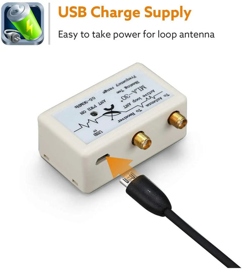 USB charge supply for Active Loop Antenna 0.5-30MHz For Ham SDR, rainproof receiving antenna with built in low noise amplifier.