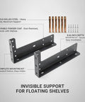 Multipurpose Hidden Shelf Brackets 2 Pack, Beefy Heavy Duty Cold Rolled Steel Support For Floating Shelves Cabinets And Nightstands, 8.66 Inch Depth, Black, showing mounting kit components and features.