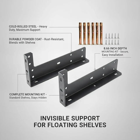 Multipurpose Hidden Shelf Brackets 2 Pack, Beefy Heavy Duty Cold Rolled Steel Support For Floating Shelves Cabinets And Nightstands, 8.66 Inch Depth, Black, showing mounting kit components and features.