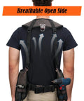 Heavy Duty Carpenter Tool Vest With Thick Top Grain Buffalo Leather And Twenty Ounce Waxed Canvas showing breathable open side and tool attachment.