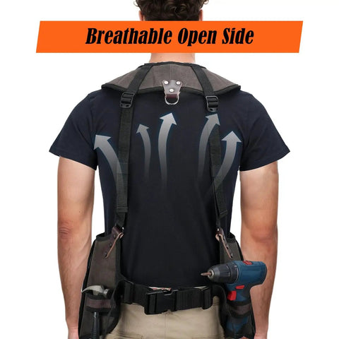Heavy Duty Carpenter Tool Vest With Thick Top Grain Buffalo Leather And Twenty Ounce Waxed Canvas showing breathable open side and tool attachment.