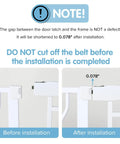 Installation guide for Adjustable 29.5 To 53 Inch Wide Baby Gate For Doors And Stairs, 30 Inch Tall, showing latch gap adjustment.