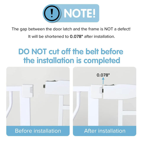 Installation guide for Adjustable 29.5 To 53 Inch Wide Baby Gate For Doors And Stairs, 30 Inch Tall, showing latch gap adjustment.