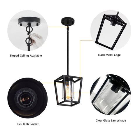 Black Pendant Light For Kitchen Island, 1 Light Modern Farmhouse Cage Lantern With Glass Shade, features and details diagram