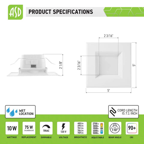 4 Inch Square Recessed LED Can Lights 10W Replacement 722 Lumens Wet Rated Dimmable CRI90 5 CCT Adjustable with dimensions