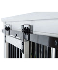 Close-up of EcoFlex Homestead Sliding Barn Door Dog Crate In Antique White showing durable black sliding mechanism and structure details.