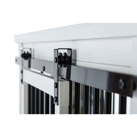 Close-up of EcoFlex Homestead Sliding Barn Door Dog Crate In Antique White showing durable black sliding mechanism and structure details.