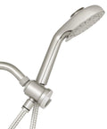 Side view of adjustable magnetic dual dock handheld shower head with 5 foot metal hose and PowerPulse massage in brushed nickel.