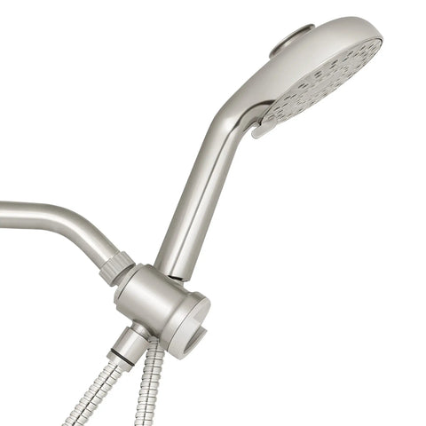 Side view of adjustable magnetic dual dock handheld shower head with 5 foot metal hose and PowerPulse massage in brushed nickel.