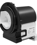 Washer drain pump motor with black housing, white impeller, and DRAIN PUMP label on white base — front view