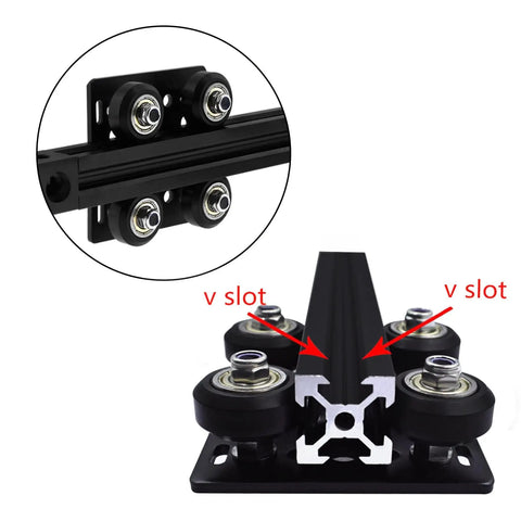 V Slot Gantry Plate Set With POM Wheels For Aluminum Extrusion 2 Pack 3D Printer Accessory Built For Smooth Precise And Efficient Motion On Your Rig Ideal For DIY 3D Printing Enthusiasts And CNC Projects Lightweight Durable Components Easy Install. Black V-slot gantry plate with POM wheels on 2020 aluminum extrusion, close-up