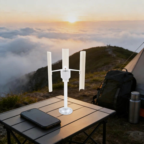 Vertical Axis Wind Turbine Kit 12V 40W with 3 Phase Permanent Magnet Motor on outdoor table by sunset