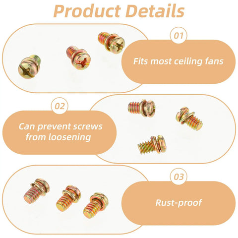 Rock Solid Copper Finished Ceiling Fan Blade Screws 20 Piece Set of Heavy Duty Carbon Steel Phillips Bolts to Secure Loose Fans and Tighten Things Up Easy As Pie Right Now, showcasing rust-proof design and fit for most ceiling fans.