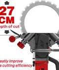 Built Tough 9500W Brushless Concrete Circular Saw With Water Cooling To Beat The Dust Smooth Operator showing 27cm cutting depth measurement.