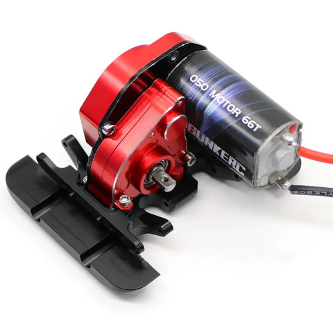 Red motor assembly for RC car, compatible with 32g Brass Gearbox Mount And Skid Plate For Axial SCX24 Deadbolt C10 JLU Gladiator Bronco